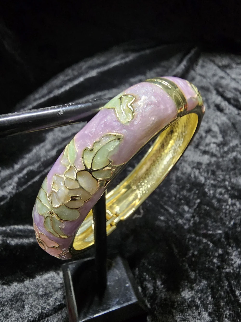 Pink Floral Cloisonné Bangle Bracelet with Gold Accents